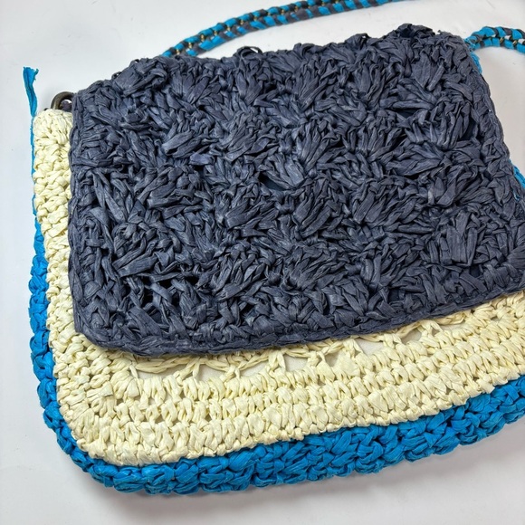 J. Crew Blue Colorblock Raffia Woven Crossbody Bag- Beach Quiet Luxury Handbag - Picture 2 of 10